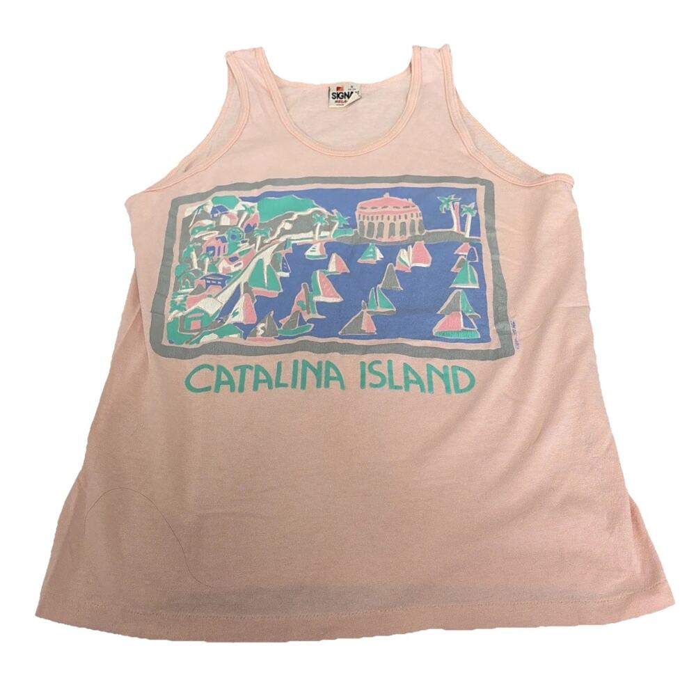 VTG Catalina Islands‎ USA Made Tank Top Adult Size S Small 34-36 Pink Puff Paint